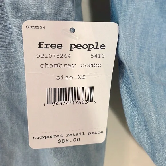 FREE PEOPLE “Lily Of The Valley” Chambray Top NWT Size XS - Picture 6 of 8